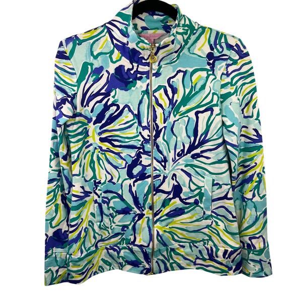 Lilly Pulitzer, Reagan Full-Zip Jacket, Pool Blue Green Stay Cool Cotton Spandex - Picture 2 of 12